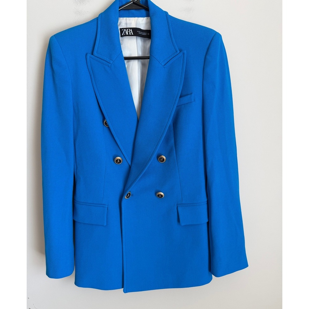 Zara Double Breasted Blazer Women M Blue Gold Crest Button Peaked Lapel Tailored